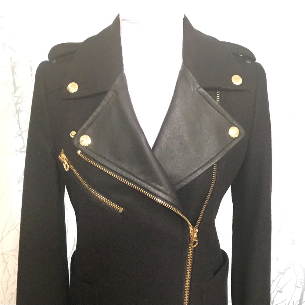 Juicy Couture black wool leather gold hardware zipper zip up long peacoat jacket - Picture 5 of 8